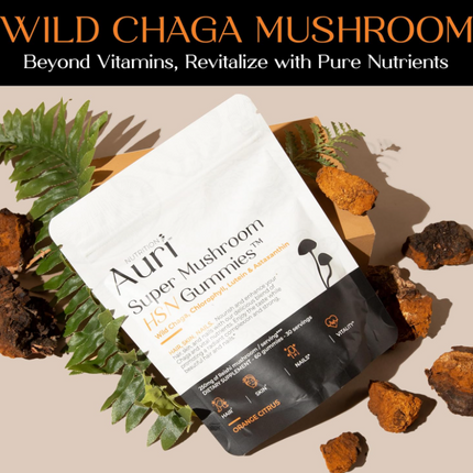 Auri Super Mushroom HSN Gummies - Hair Skin and Nails Gummies Functional Mushrooms Supplement - with Wild Chaga, Chlorophyll, Lutein and Astaxanthin - 60 Orange Citrus Gummies