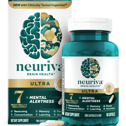 NEURIVA Ultra Decaffeinated Clinically Tested Nootropic Brain Supplement for Mental Alertness, Memory, Focus & Concentration, Cognivive, Neurofactor, Phosphatidylserine, Vitamins B6 B12, 60 Capsules