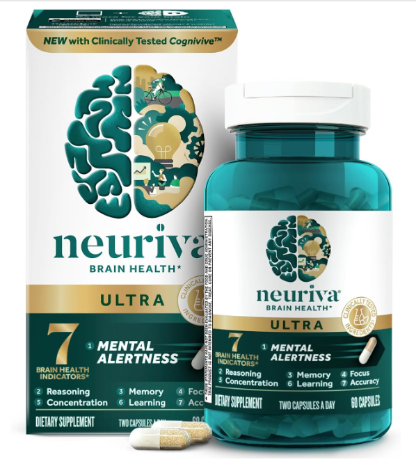 NEURIVA Ultra Decaffeinated Clinically Tested Nootropic Brain Supplement for Mental Alertness, Memory, Focus & Concentration, Cognivive, Neurofactor, Phosphatidylserine, Vitamins B6 B12, 60 Capsules