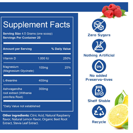 Cortisol Supplements for Women,Calm Drink Mix,Magnesium Glycinate,Ksm-66 Ashwagandha,Vitamin D 3, 20 On The Go Packets,Raspberry Lemonade,Supplements for Relaxation Sleep