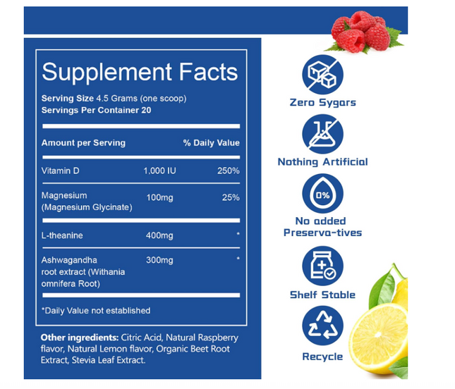 Cortisol Supplements for Women,Calm Drink Mix,Magnesium Glycinate,Ksm-66 Ashwagandha,Vitamin D 3, 20 On The Go Packets,Raspberry Lemonade,Supplements for Relaxation Sleep