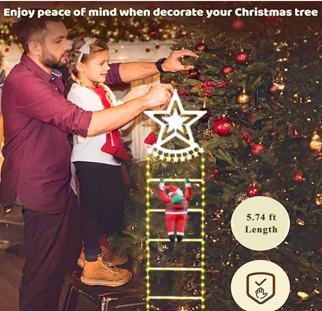 1.75m LED Santa Ladder Lights – 8-Mode Christmas Fairy Lights with Timer (Warm White)