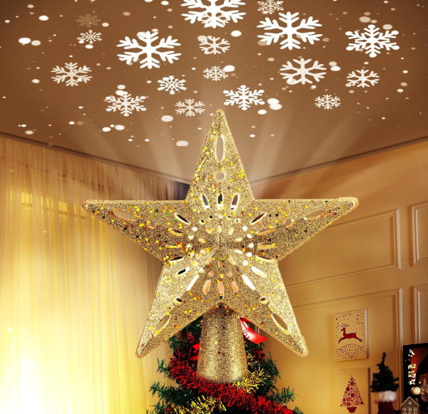 Christmas Star Tree Topper – LED Snowflake Projector Light for Holiday Tree Décor