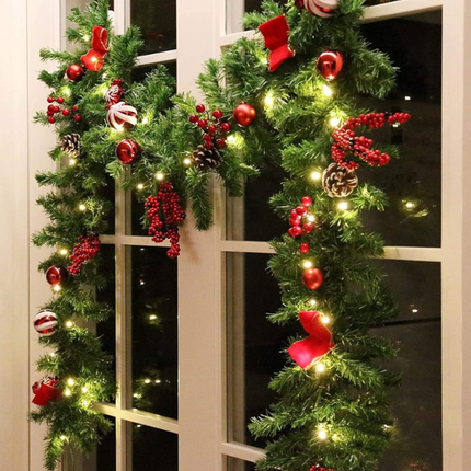 MorTime 9ft LED Christmas Garland – Pinecones, Red Berries, Bows & Ornaments with 50 Warm Lights, 180 Tips
