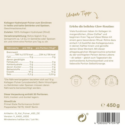 Glow25® Collagen Powder [450g] - Our Original - Collagen Hydrolysate - Peptides Type 1 and 3 - Good Solubility - Neutral