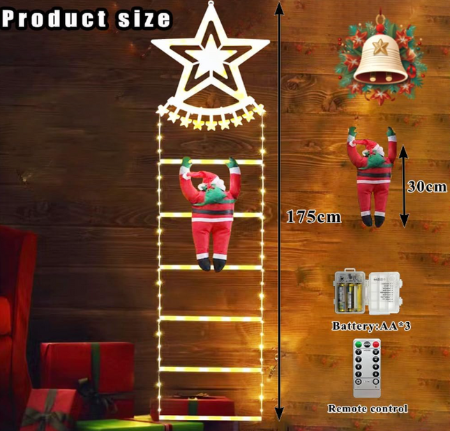 1.75m LED Santa Ladder Lights – 8-Mode Christmas Fairy Lights with Timer (Warm White)