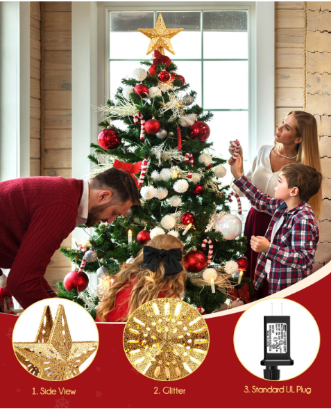 Christmas Star Tree Topper – LED Snowflake Projector Light for Holiday Tree Décor