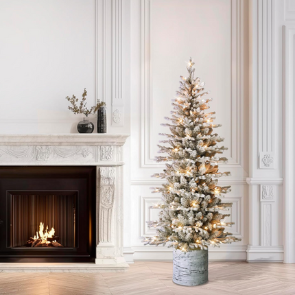 Puleo International 6ft Pre-Lit Arctic Fir Pencil Tree – 120 Warm Lights, Flocked Branches & Sturdy Metal Stand