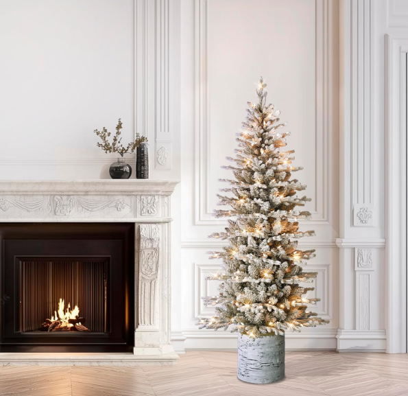 Puleo International 6ft Pre-Lit Arctic Fir Pencil Tree – 120 Warm Lights, Flocked Branches & Sturdy Metal Stand