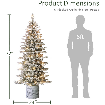 Puleo International 6ft Pre-Lit Arctic Fir Pencil Tree – 120 Warm Lights, Flocked Branches & Sturdy Metal Stand