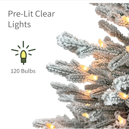 Puleo International 6ft Pre-Lit Arctic Fir Pencil Tree – 120 Warm Lights, Flocked Branches & Sturdy Metal Stand