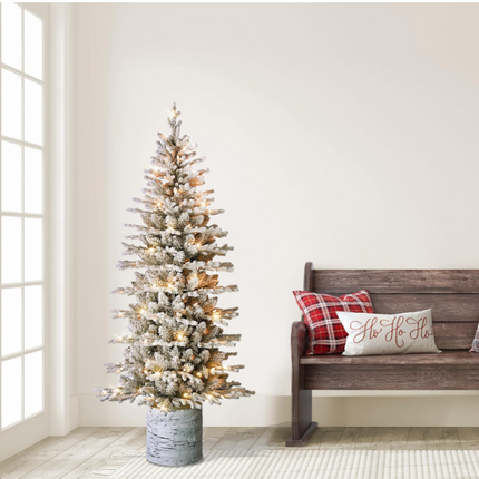 Puleo International 6ft Pre-Lit Arctic Fir Pencil Tree – 120 Warm Lights, Flocked Branches & Sturdy Metal Stand