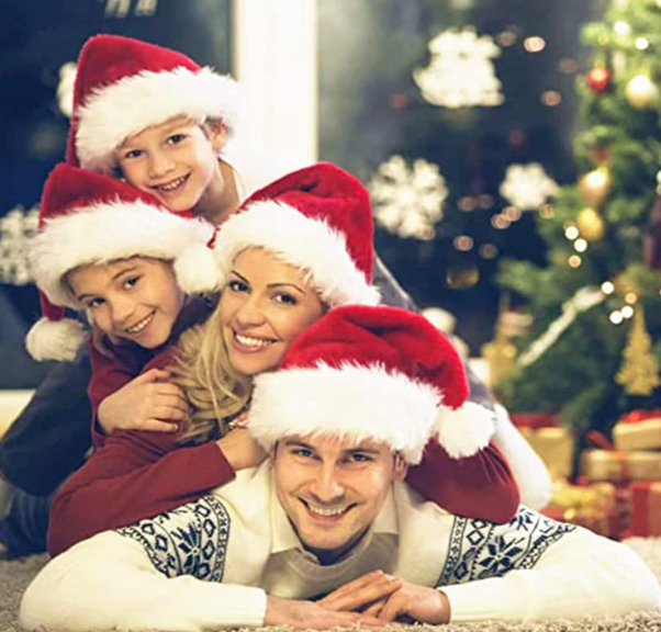 2pcs Fluffy Red Santa Hats Set with Plush Brim and Liner for Adults Men Women - Christmas, New Year Party Supplies & Gifts