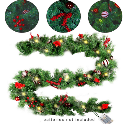 MorTime 9ft LED Christmas Garland – Pinecones, Red Berries, Bows & Ornaments with 50 Warm Lights, 180 Tips