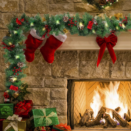 MorTime 9ft LED Christmas Garland – Pinecones, Red Berries, Bows & Ornaments with 50 Warm Lights, 180 Tips