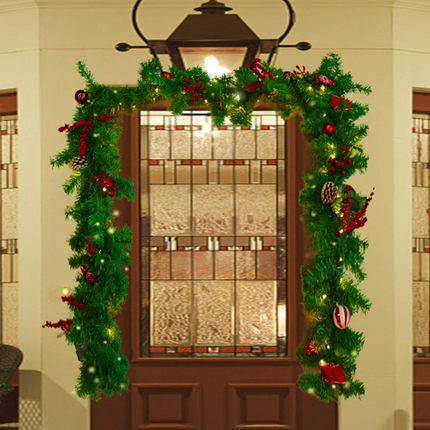 MorTime 9ft LED Christmas Garland – Pinecones, Red Berries, Bows & Ornaments with 50 Warm Lights, 180 Tips