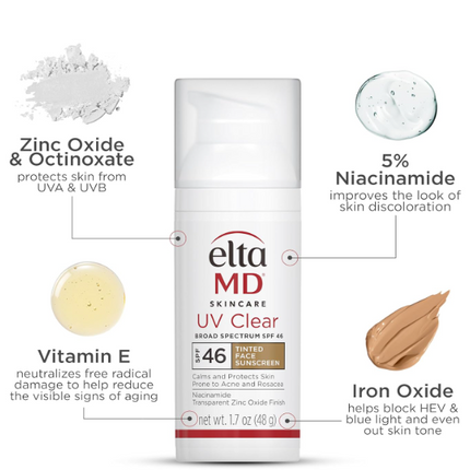 EltaMD UV Clear Tinted Sunscreen SPF 46 | Oil-Free Zinc Oxide Formula | Dermatologist-Approved Daily Protection