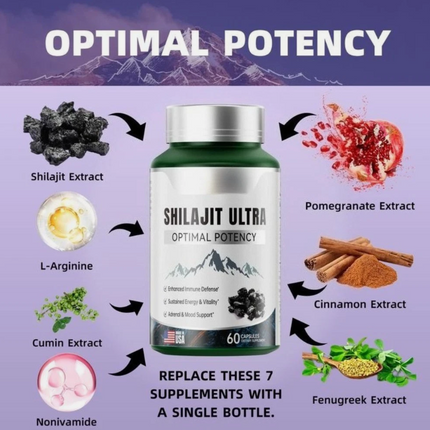 Flynew Shilajit Ultra Optimal Potency For Stamina, Immune Support 1300mg 60 Caps