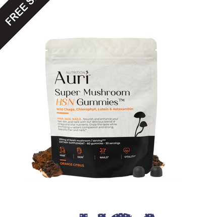 Auri Super Mushroom HSN Gummies - Hair Skin and Nails Gummies Functional Mushrooms Supplement - with Wild Chaga, Chlorophyll, Lutein and Astaxanthin - 60 Orange Citrus Gummies