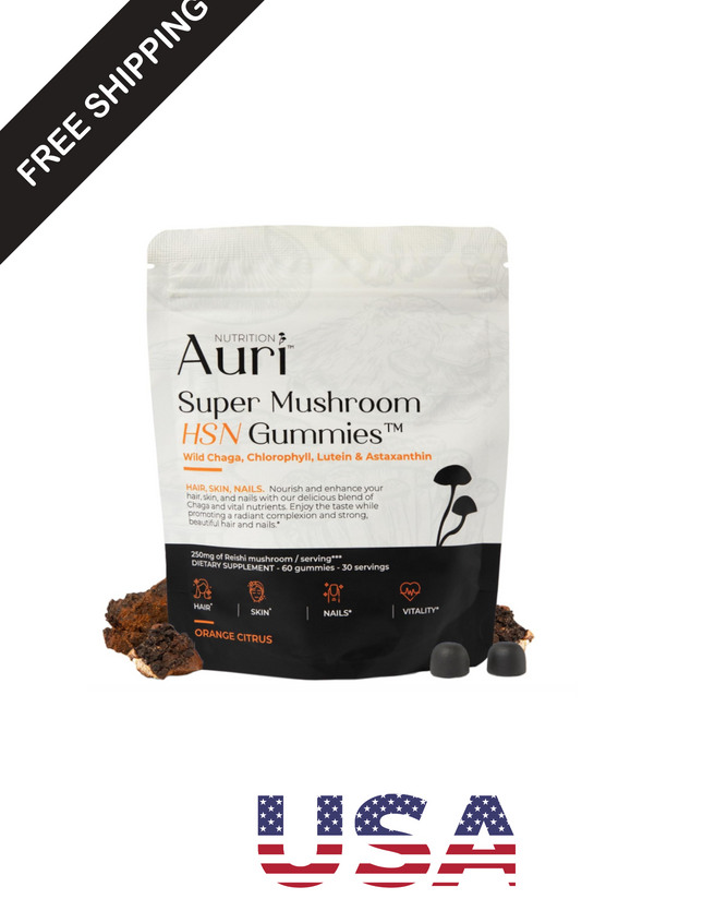 Auri Super Mushroom HSN Gummies - Hair Skin and Nails Gummies Functional Mushrooms Supplement - with Wild Chaga, Chlorophyll, Lutein and Astaxanthin - 60 Orange Citrus Gummies