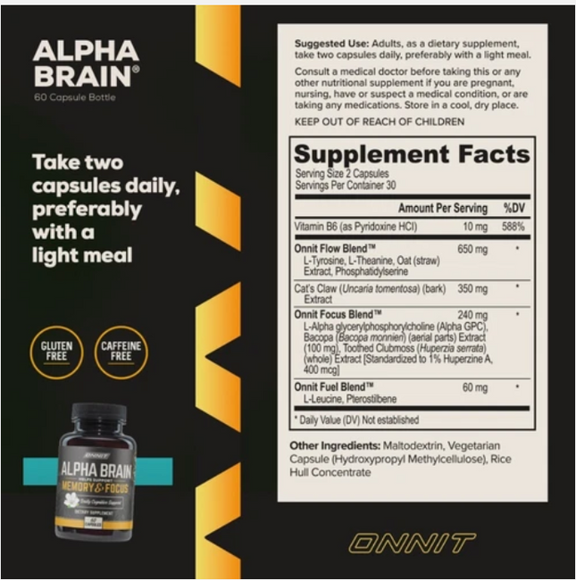 ONNIT Alpha BRAIN Nootropic Brain Health, Memory and Focus Support, 60 Capsules Free Shipping