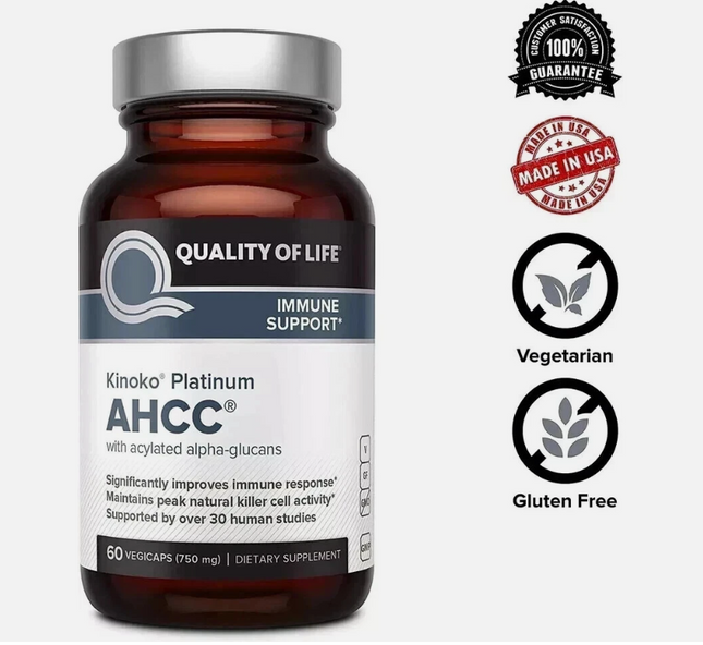 Kinoko Platinum AHCC Supplement, QUALITY OF LIFE –750mg of AHCC, 60 vegicaps