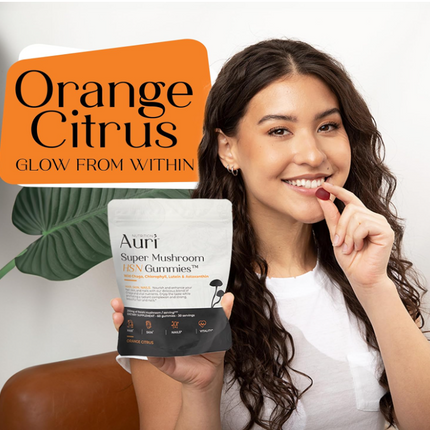 Auri Super Mushroom HSN Gummies - Hair Skin and Nails Gummies Functional Mushrooms Supplement - with Wild Chaga, Chlorophyll, Lutein and Astaxanthin - 60 Orange Citrus Gummies