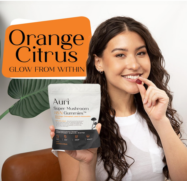 Auri Super Mushroom HSN Gummies - Hair Skin and Nails Gummies Functional Mushrooms Supplement - with Wild Chaga, Chlorophyll, Lutein and Astaxanthin - 60 Orange Citrus Gummies