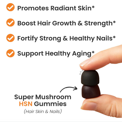 Auri Super Mushroom HSN Gummies - Hair Skin and Nails Gummies Functional Mushrooms Supplement - with Wild Chaga, Chlorophyll, Lutein and Astaxanthin - 60 Orange Citrus Gummies