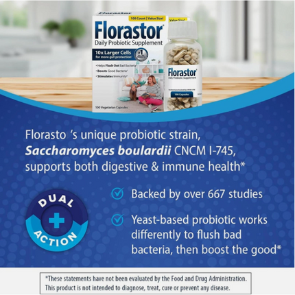 Florastor 250 mg Daily Probiotic Supplement - 100 Vegetarian Capsules Free Shipping