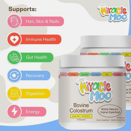 Miracle Moo Mother Natures Bovine Colostrum grassfed+ immunolin Supplement 60 SV