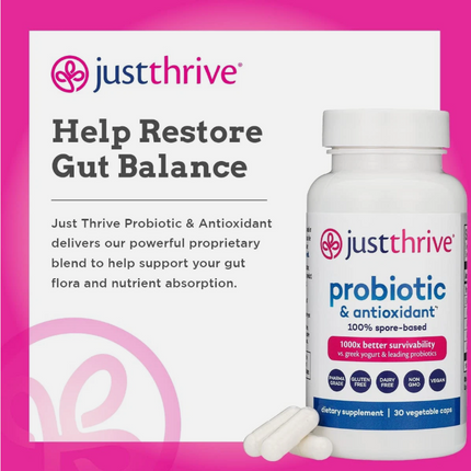 Just Thrive: Probiotic & Antioxidant - 30 Veg Capsules Free Shipping