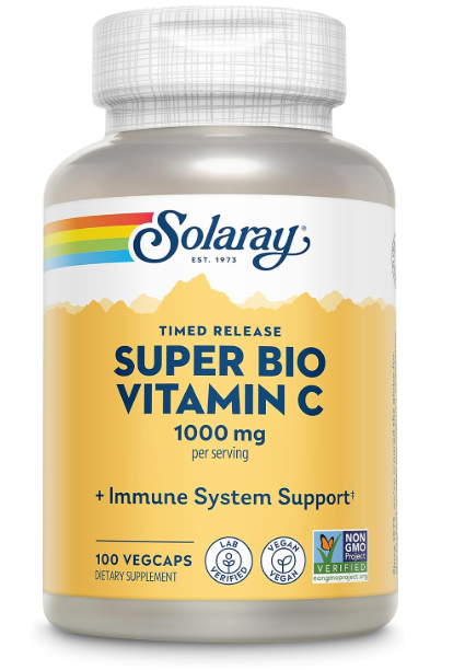 SOLARAY Super Bio Buffered Vitamin C 1000mg, Two-Stage, Timed Release Vitamin C with Bioflavonoids, Immune Support Supplement - High Absorption, Vegan, 60 Day Guarantee, 50 Servings, 100 VegCaps