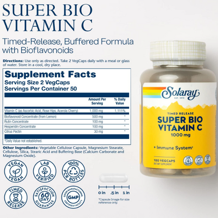 SOLARAY Super Bio Buffered Vitamin C 1000mg, Two-Stage, Timed Release Vitamin C with Bioflavonoids, Immune Support Supplement - High Absorption, Vegan, 60 Day Guarantee, 50 Servings, 100 VegCaps