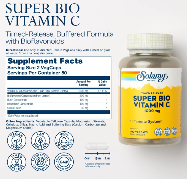 SOLARAY Super Bio Buffered Vitamin C 1000mg, Two-Stage, Timed Release Vitamin C with Bioflavonoids, Immune Support Supplement - High Absorption, Vegan, 60 Day Guarantee, 50 Servings, 100 VegCaps