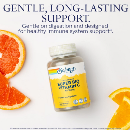 SOLARAY Super Bio Buffered Vitamin C 1000mg, Two-Stage, Timed Release Vitamin C with Bioflavonoids, Immune Support Supplement - High Absorption, Vegan, 60 Day Guarantee, 50 Servings, 100 VegCaps
