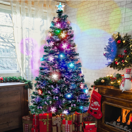 Juegoal 6ft Fiber Optic Christmas Tree – Color-Changing LED Lights, Snowflakes, Star Top & Metal Stand