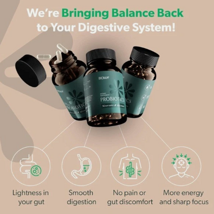 Bioma Probiotics for Digestive Health | 3-in-1 Gut Health Formula | 60 Capsules Free Shipping